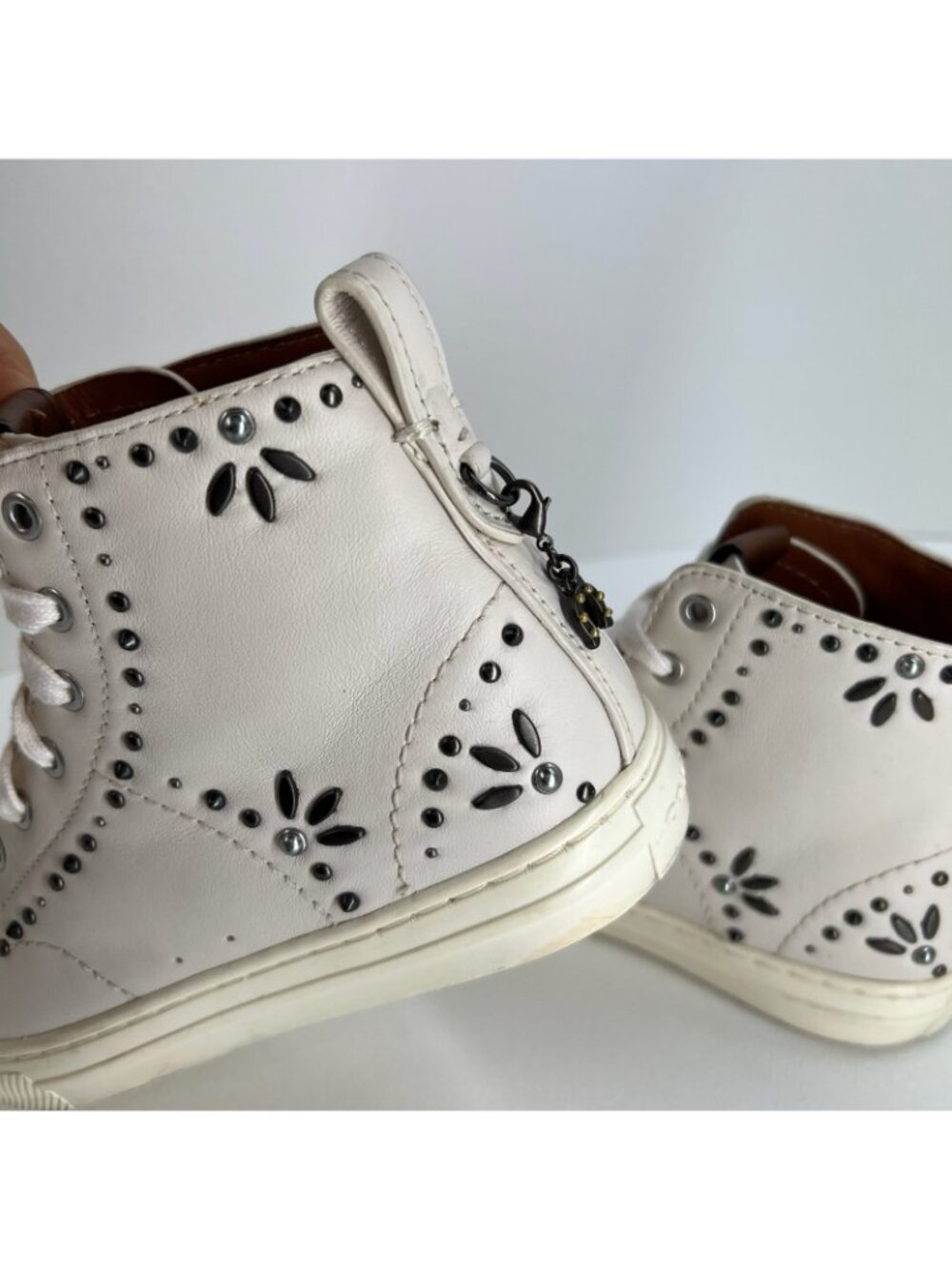 Coach C216 Prairie Rivet High Top Sneaker Women Size 5B Leather Studded OffWhite - Picture 9 of 13